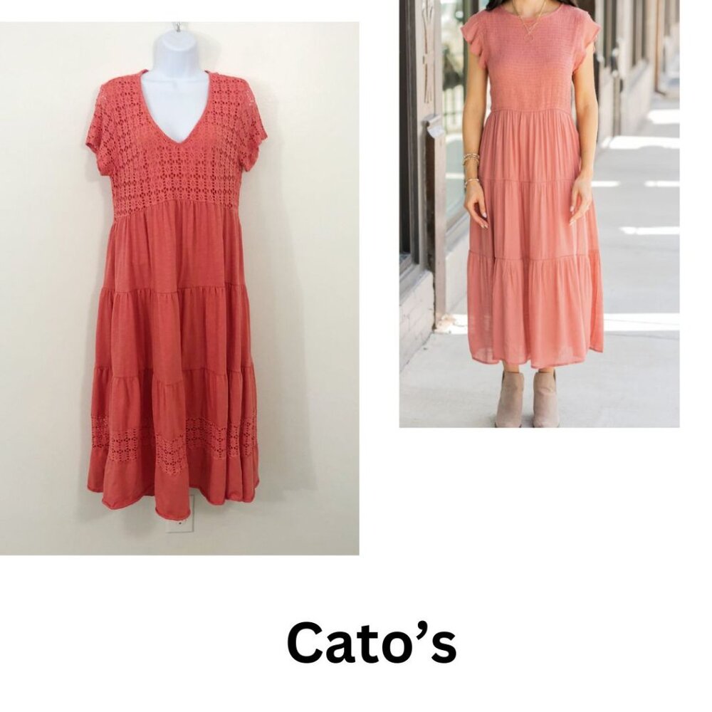 Cato's Coral Orange Crochet Tiered Maxi Dress Size L Cottage Core
